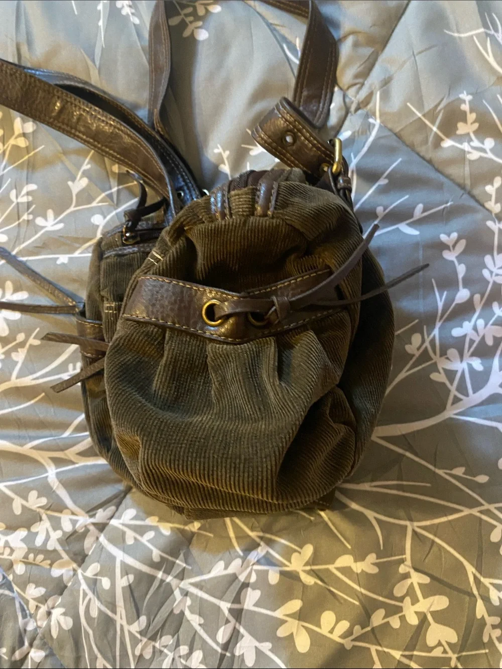 Corduroy and Faux-Leather Olive Green Small Shoulder Bag